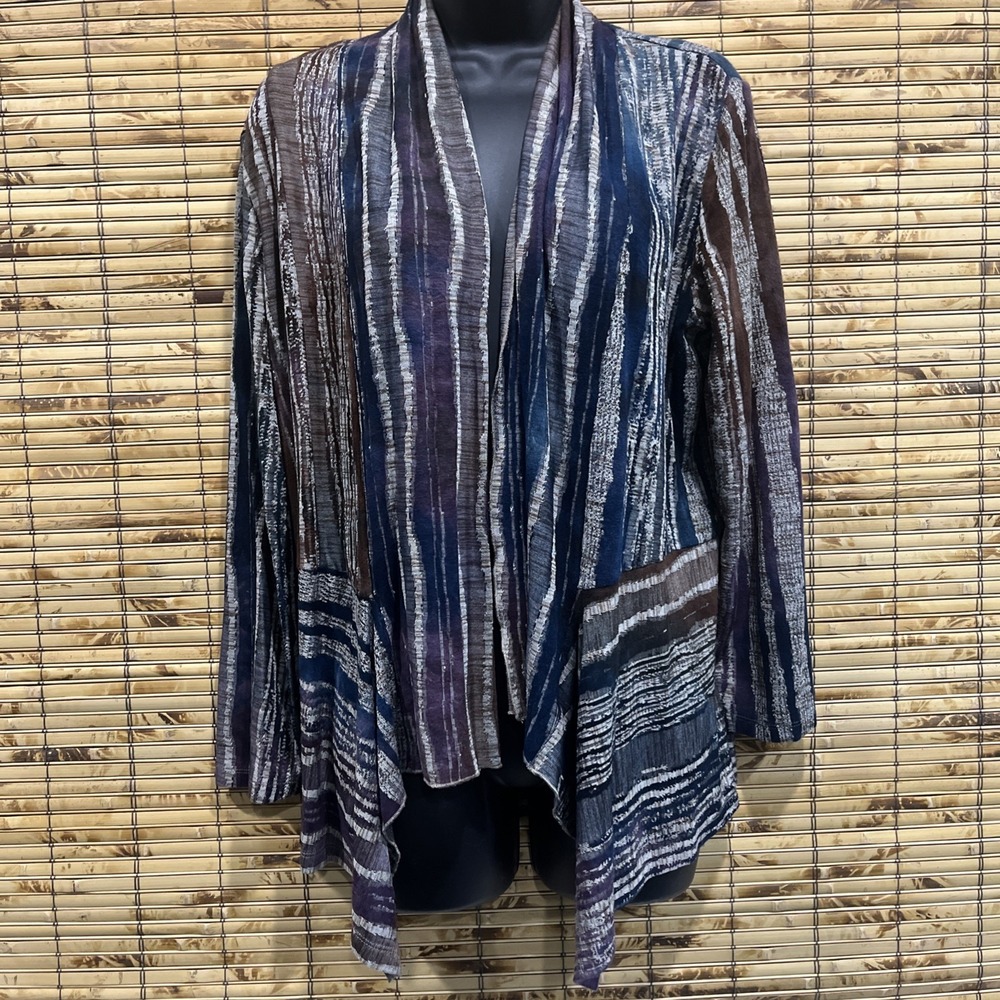 Chico's Cardigan Sz M/ 1‎ Blue Abstract Stripe Draped Lagenlook Moody Artsy Boho